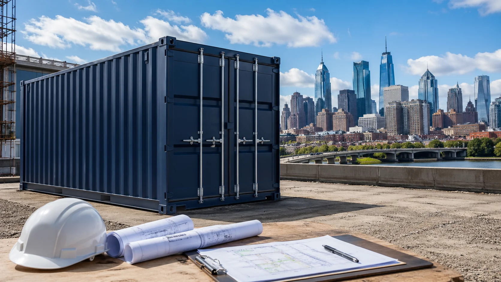 an AI generated image of a shipping container and paperwork with the skyline of Philadelphia