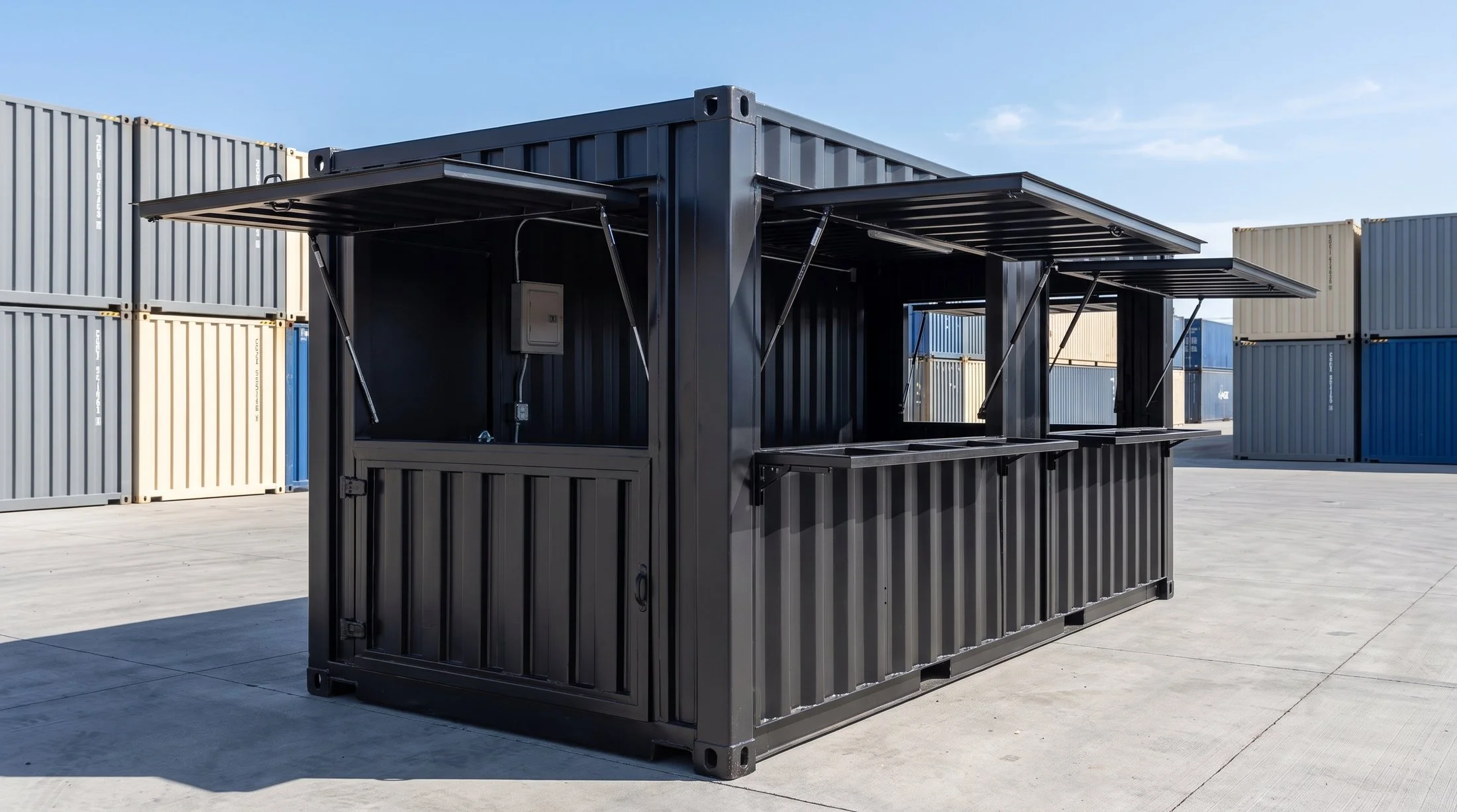 Custom black shipping container storefront with service windows and awnings