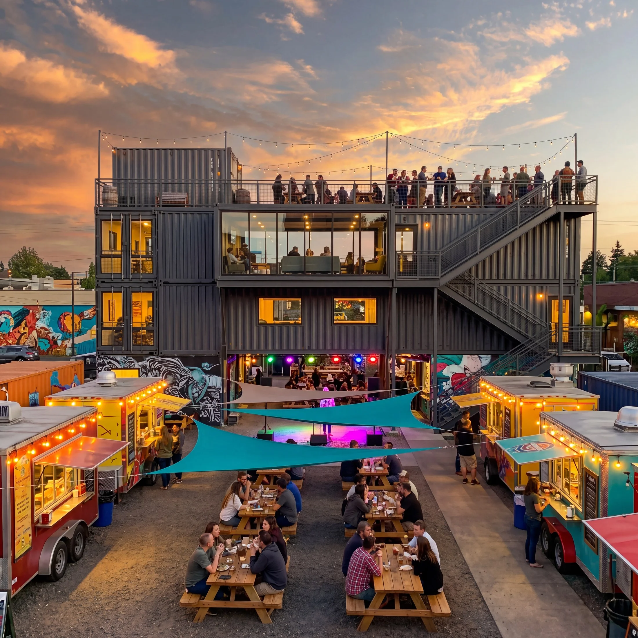 Multi-level WonderLove shipping container bar and entertainment venue at sunset