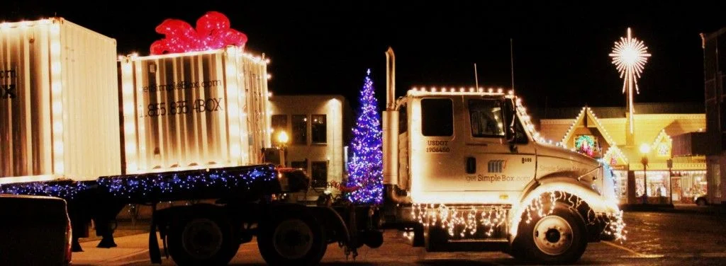 Christmas lights on a shipping container
