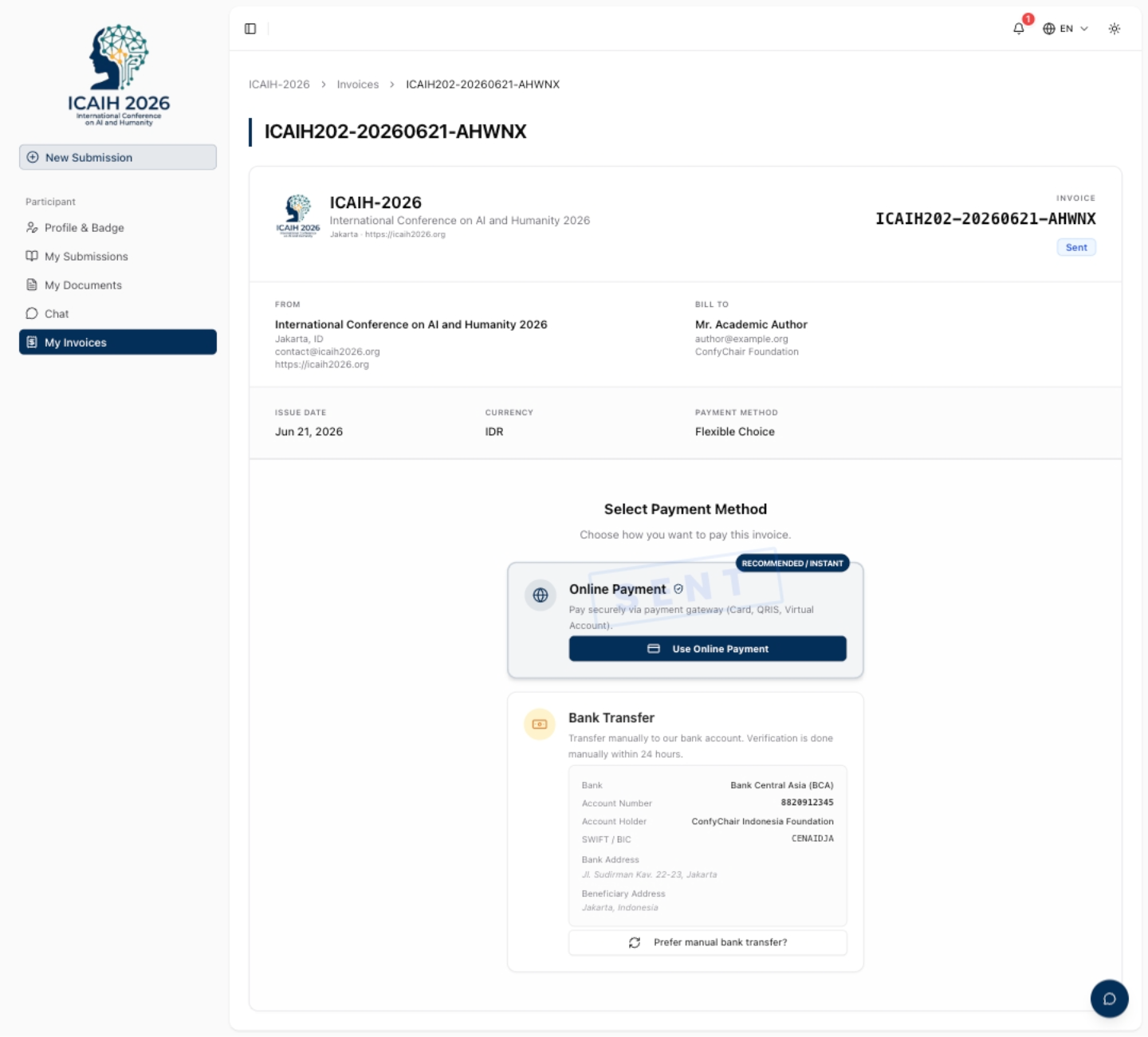 Invoice detail page in method-picker state, showing payment method selection buttons with no line items visible