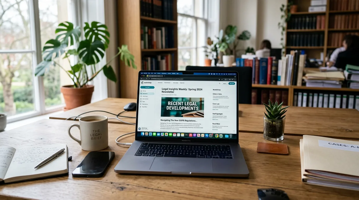 Mesa de escritório de advocacia moderna com laptop exibindo interface de newsletter por e-mail, celular e xícara de café, ilustrando a criação de newsletter para advogados.