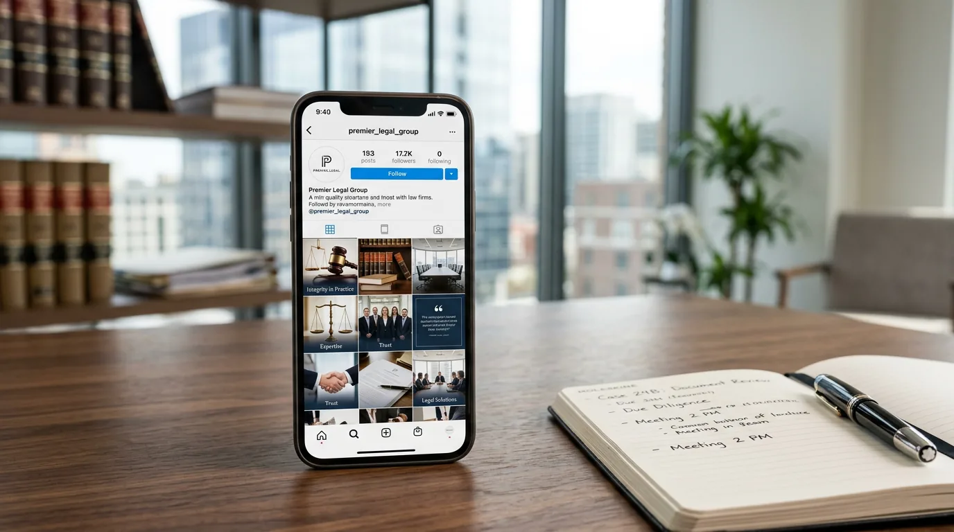 Smartphone sobre mesa de madeira exibindo feed de Instagram com identidade visual de advocacia sóbria e profissional, ao lado de caderno e caneta de luxo.