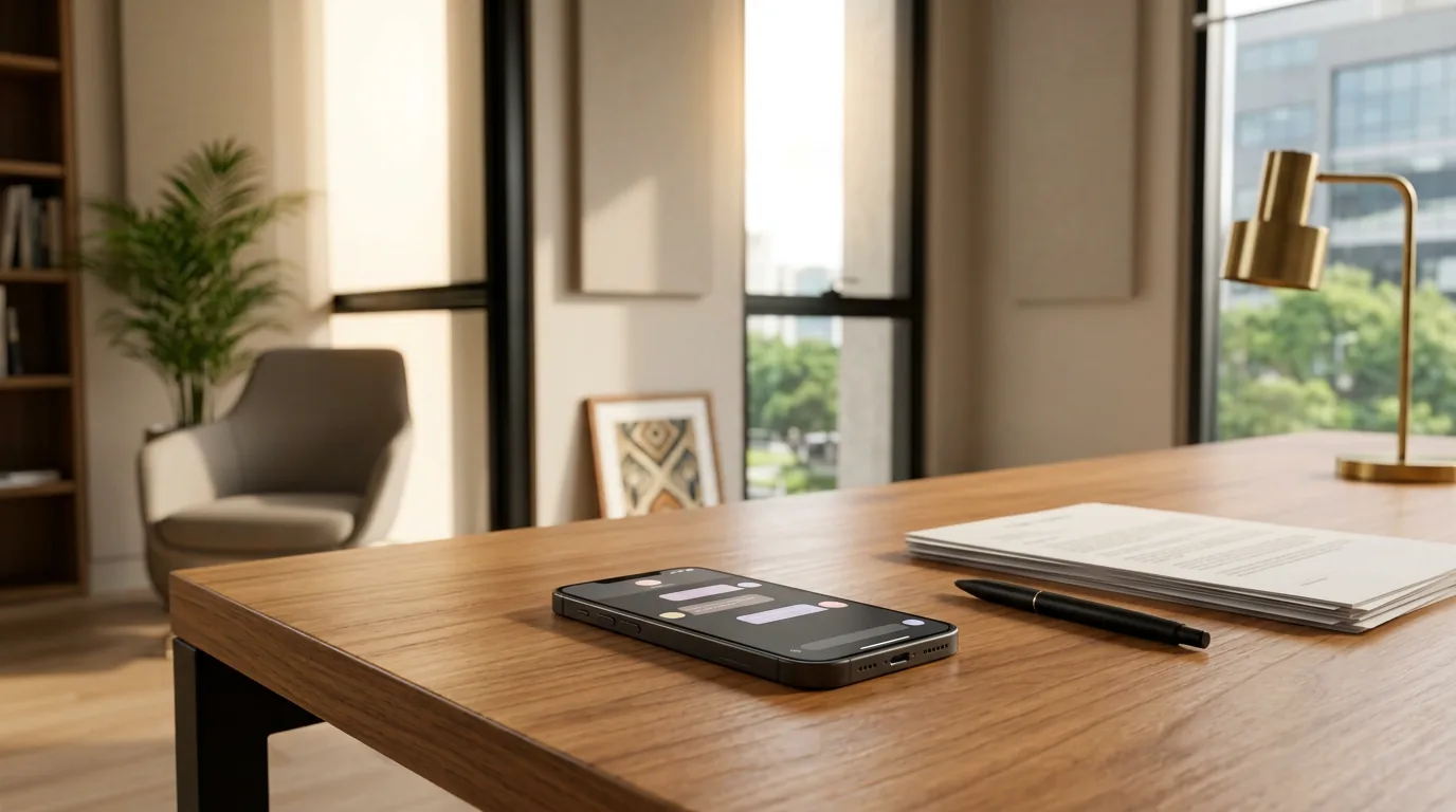 Smartphone com tela de chat sobre mesa de madeira em escritório de advocacia moderno, com documentos jurídicos ao fundo sob luz natural suave.