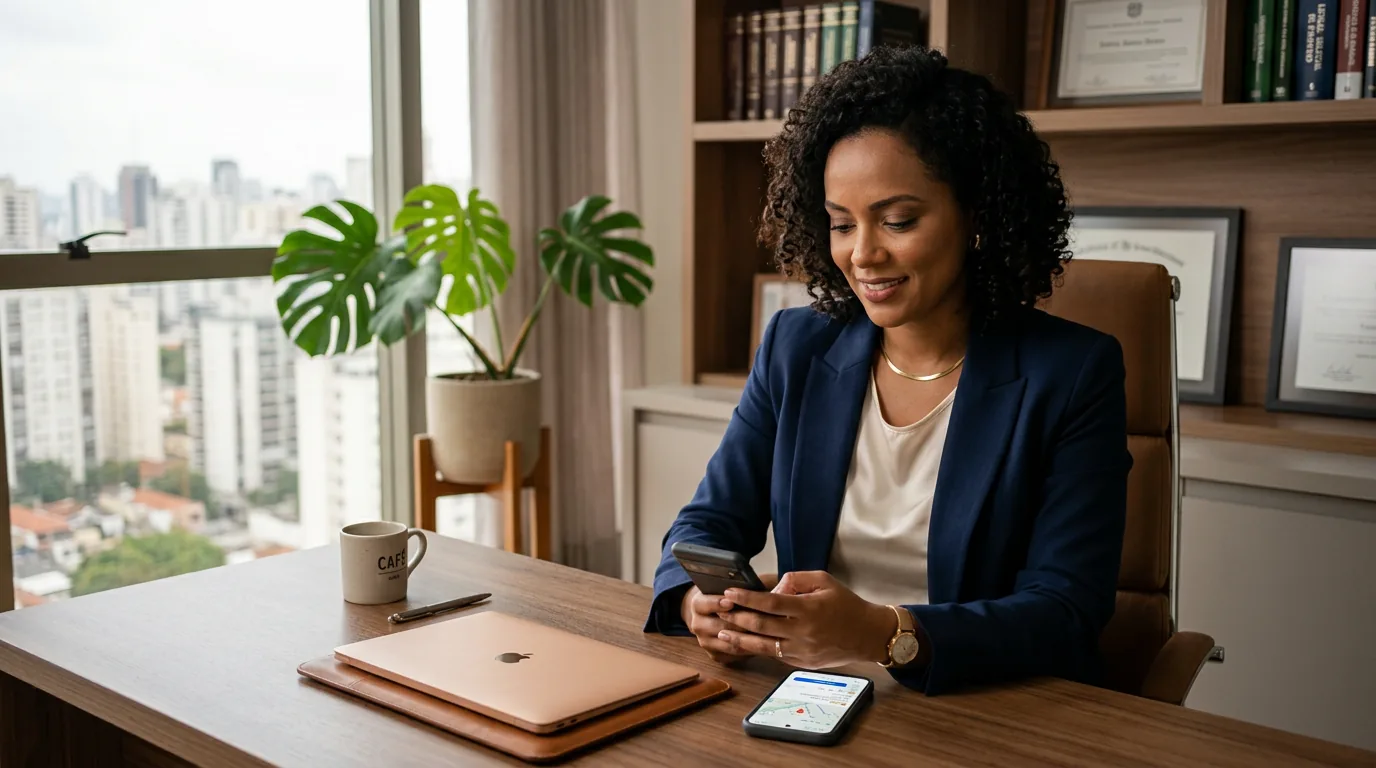 Advogada em escritório moderno analisando perfil de empresa local no smartphone, representando o uso do Google Meu Negócio para advogados.
