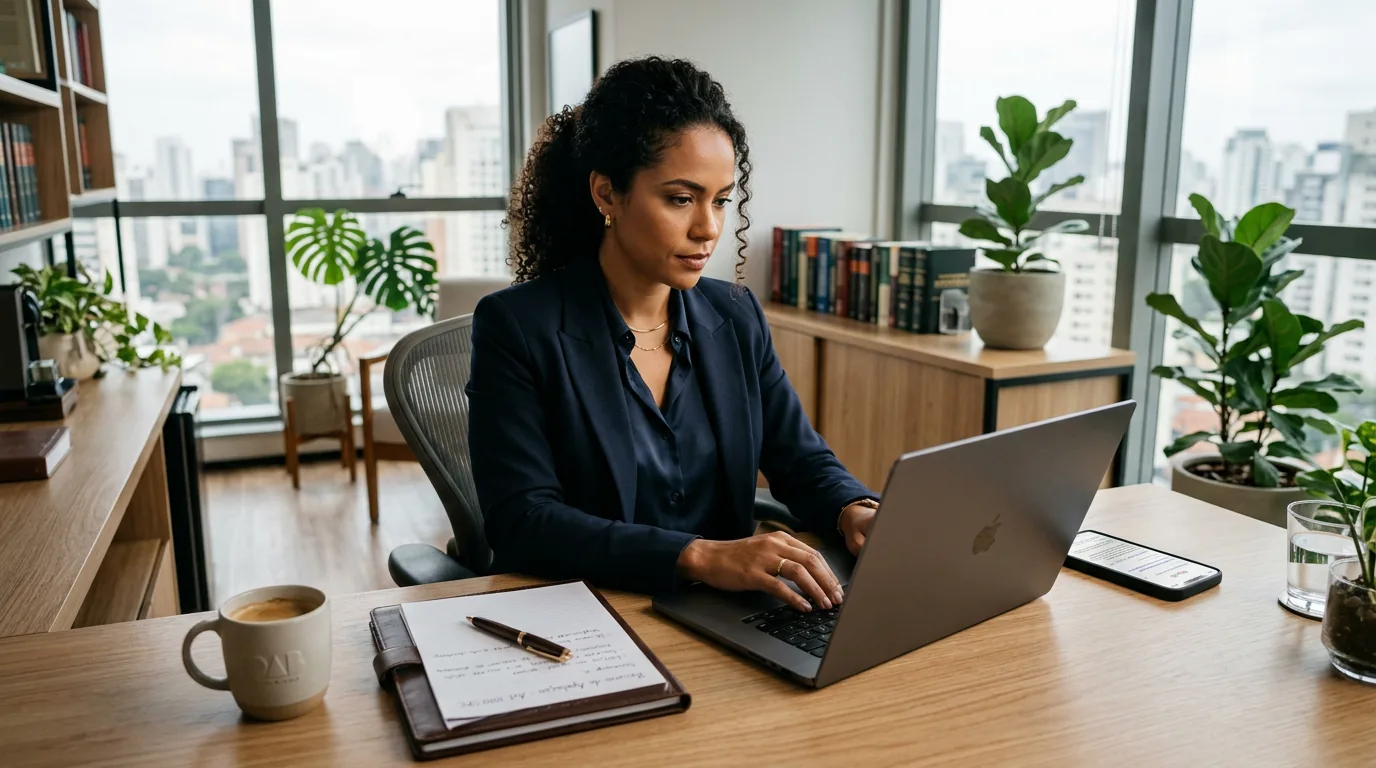 Advogada brasileira concentrada trabalhando em seu notebook no escritório, ilustrando a criação de artigos com SEO para advogados.