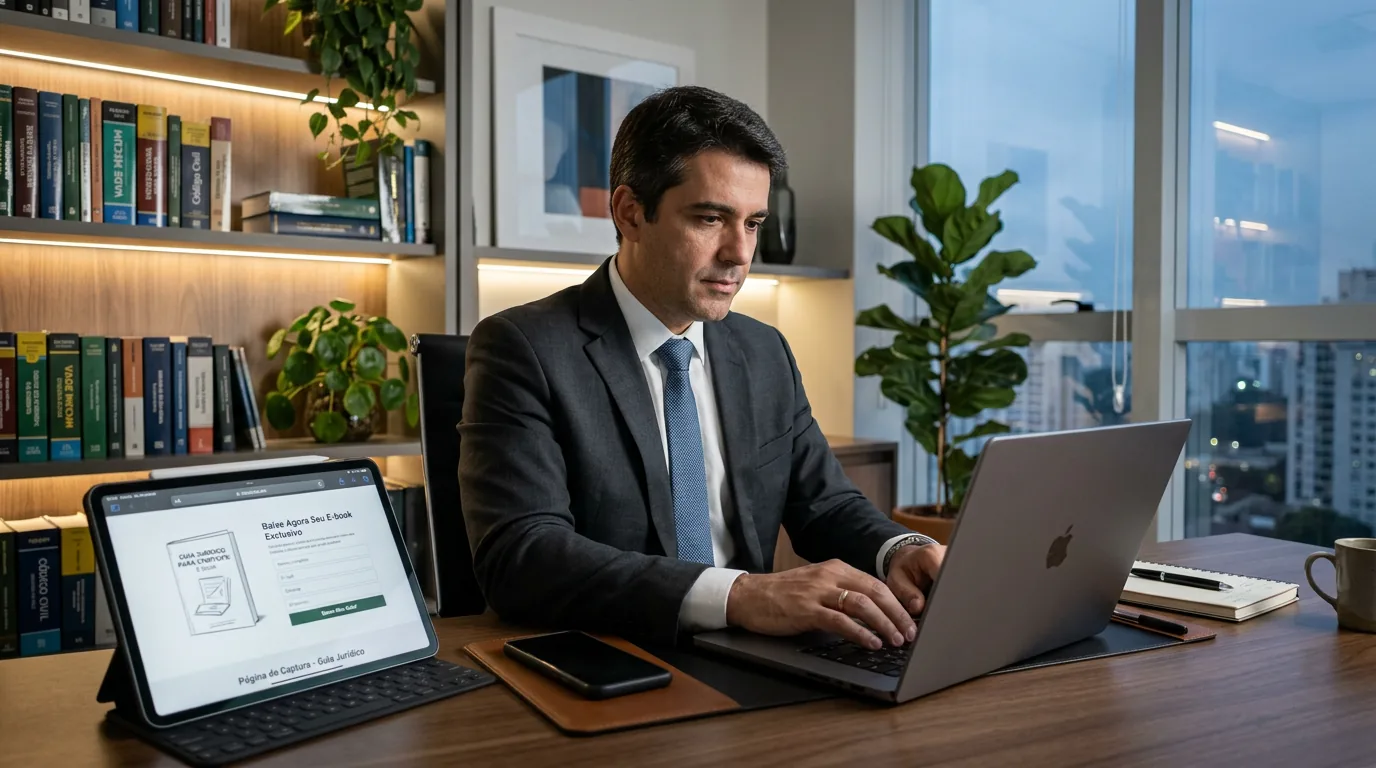 Advogado em escritório moderno trabalhando em notebook que exibe o esboço de um e-book para advogados, representando a produção de conteúdo jurídico ético.