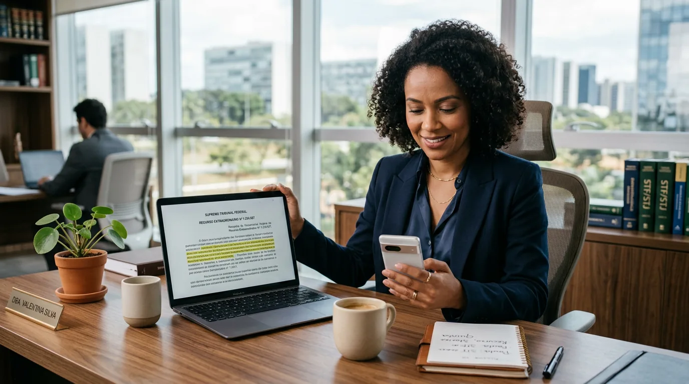 Advogada planejando conteúdo de marketing jurídico no Instagram em seu escritório, com celular em mãos e notebook exibindo decisão do STF e STJ.