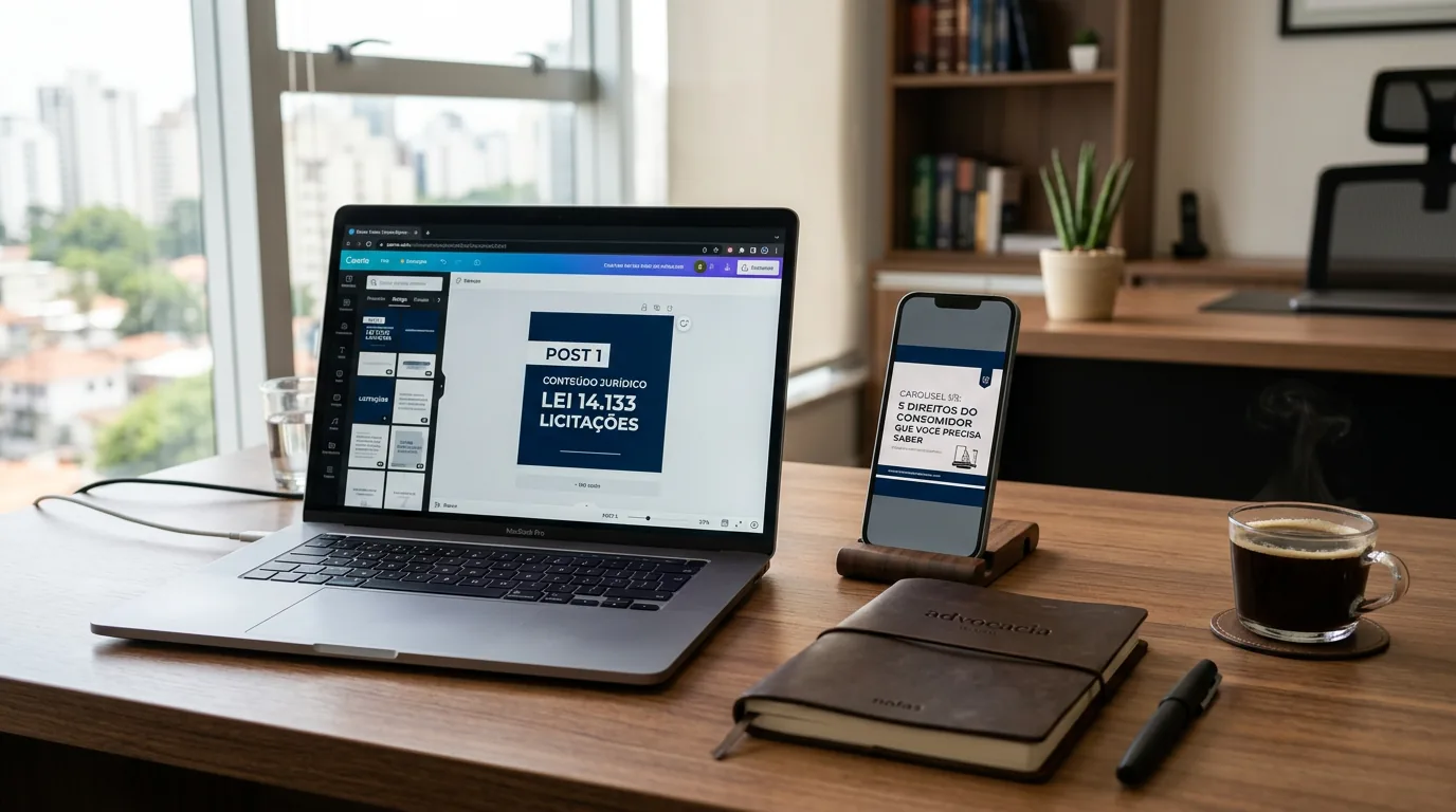Mesa de escritório de advocacia moderno com notebook e smartphone exibindo um post em carrossel no Instagram sem fotos pessoais, ilustrando o marketing jurídico sem aparecer.