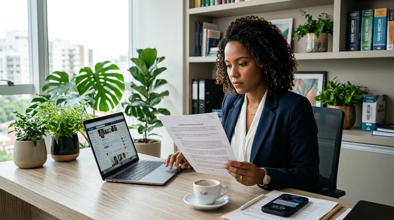 Advogada em escritório moderno analisa contrato e feed de rede social no notebook, ilustrando a contratação segura de uma agência de marketing jurídico.