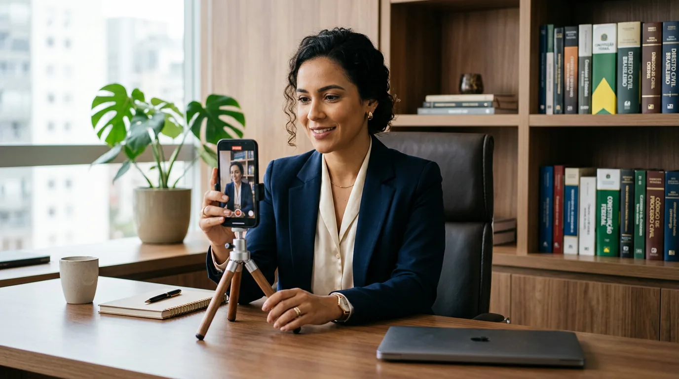 Advogada em escritório moderno gravando vídeo no celular para os stories, demonstrando a rotina do escritório de advocacia de forma ética.