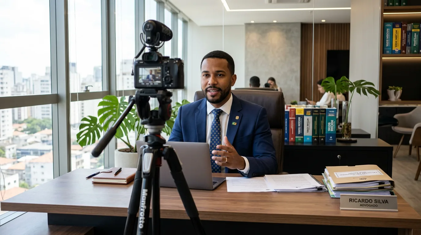 Advogado brasileiro gravando vídeo educativo em escritório moderno para o canal do YouTube