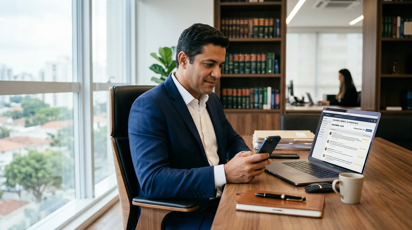 Advogado analisando avaliações no Google em um notebook dentro de um escritório de advocacia moderno.