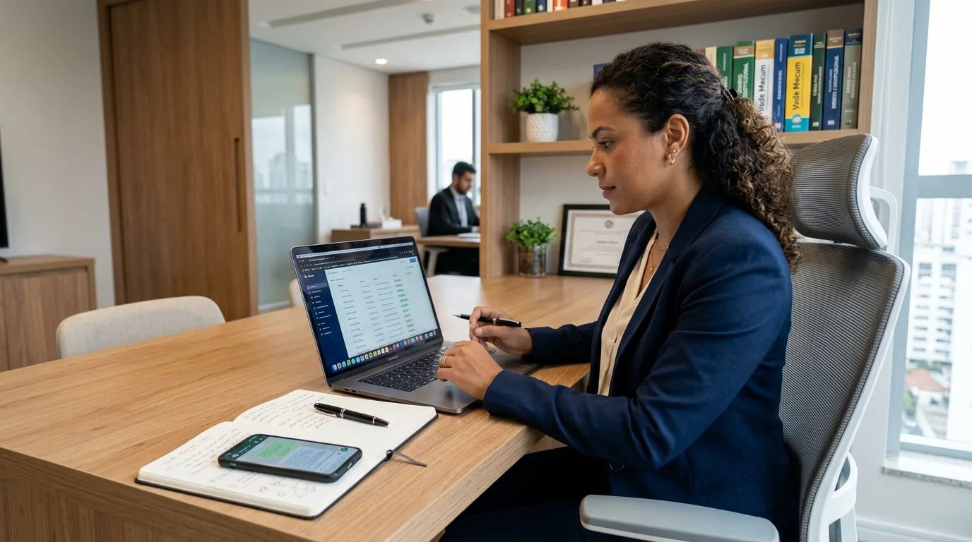 Advogado em um escritório moderno analisando contatos e leads no notebook e celular sobre a mesa de trabalho.