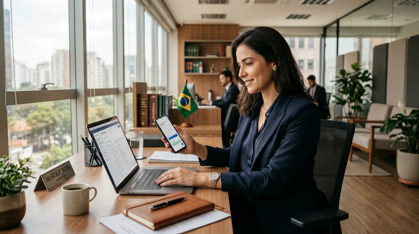 Advogada em um escritório moderno organizando o atendimento ao cliente e o agendamento de consultas jurídicas no notebook e smartphone.