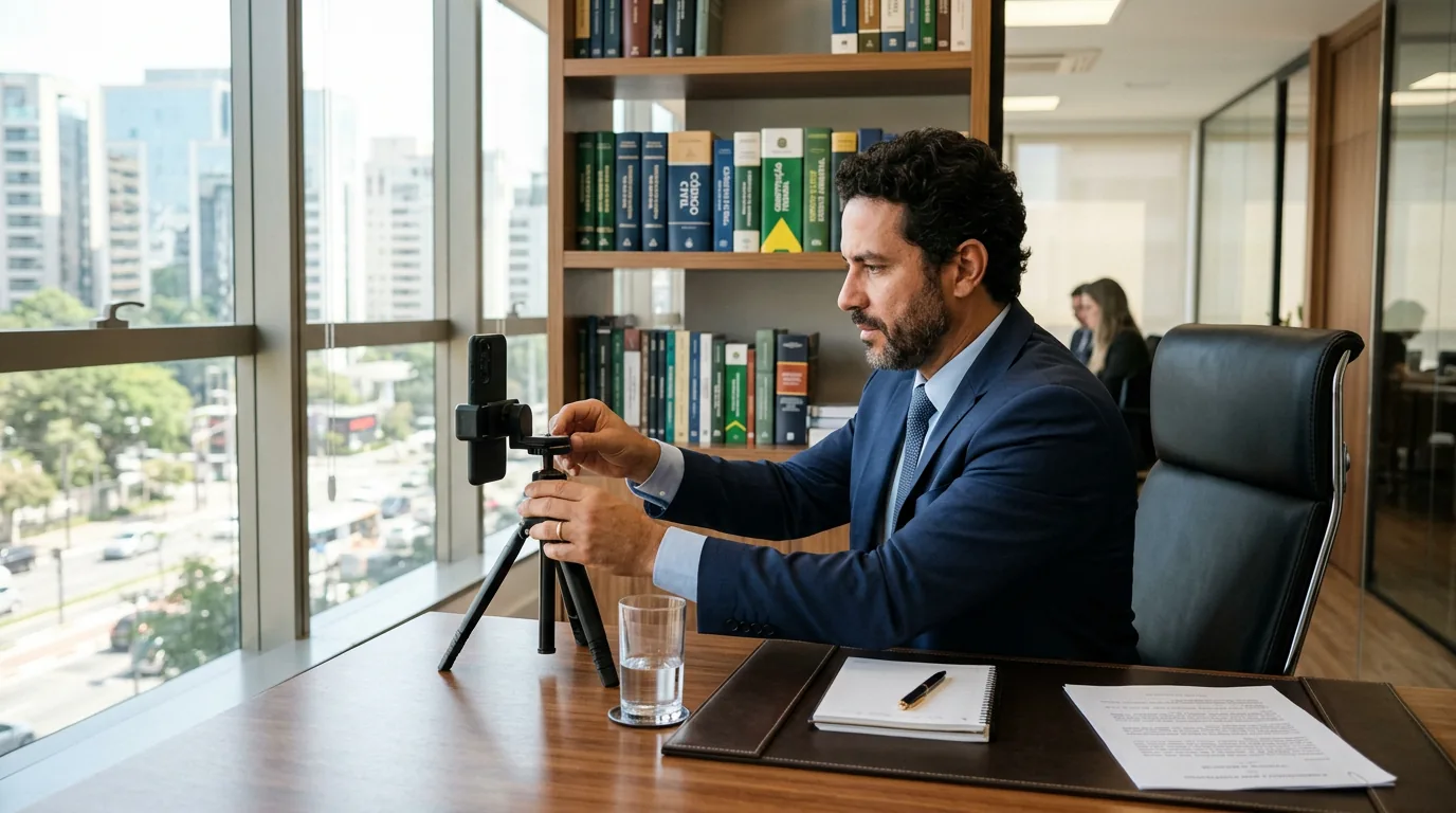 Advogado brasileiro em seu escritório alinhando o celular em um tripé de mesa para gravar vídeo jurídico com iluminação natural de uma grande janela ao fundo.