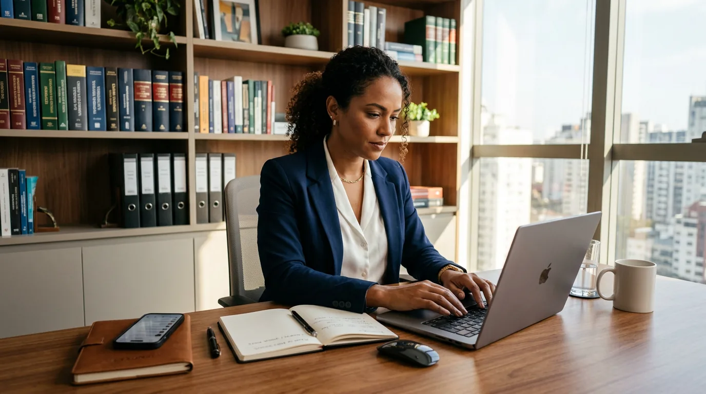 Advogada em seu escritório planejando estratégias de copywriting e legendas para redes sociais no notebook
