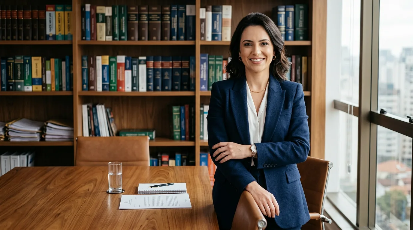 Advogada em escritório corporativo realizando ensaio fotográfico profissional com postura de autoridade e acolhimento, vestindo blazer elegante em sala de reunião com livros jurídicos ao fundo.