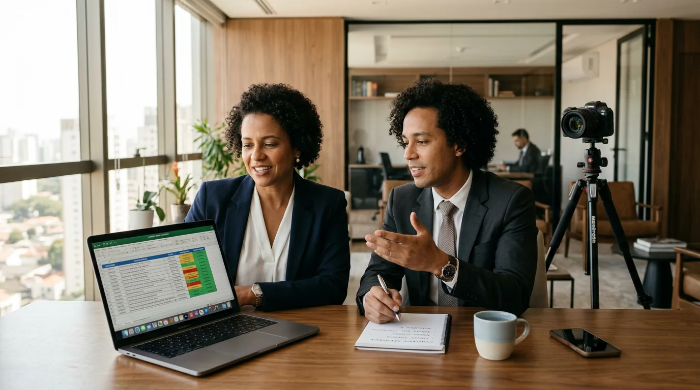 Advogada e contador em reunião num escritório de advocacia planejando estratégias de co-marketing para advogados.