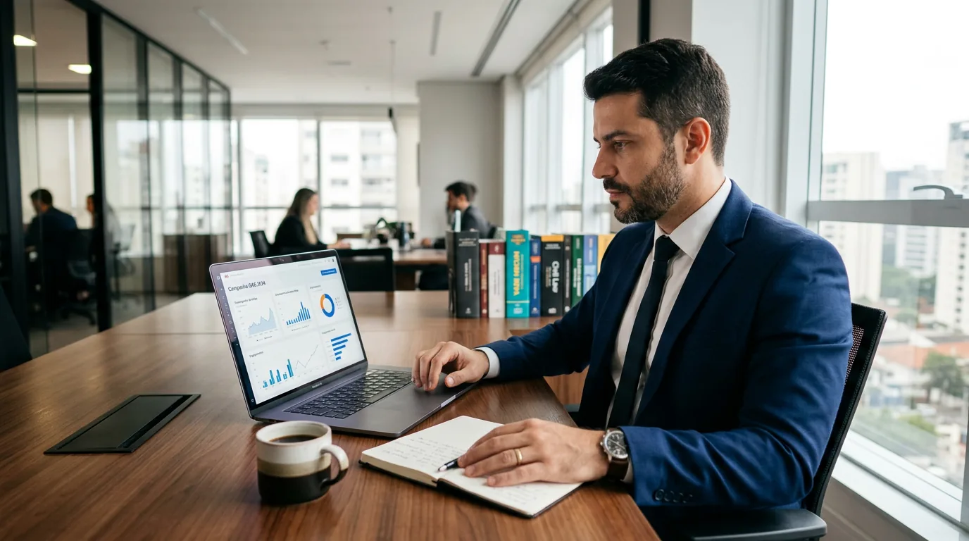 Advogado analisando a estratégia de marketing jurídico e campanhas de tráfego pago no notebook em seu escritório.