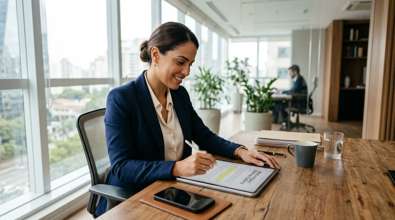 Advogada em um escritório moderno analisando um documento de boas-vindas em um tablet para estruturar o onboarding de clientes na advocacia.