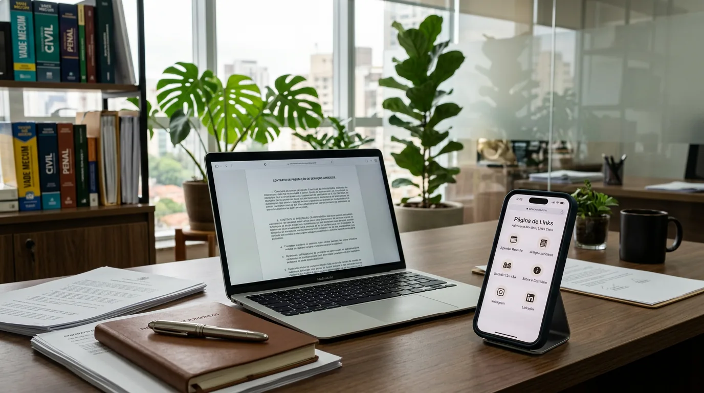 Smartphone sobre mesa de escritório de advocacia exibindo página de central de links na bio, ao lado de notebook e contratos.