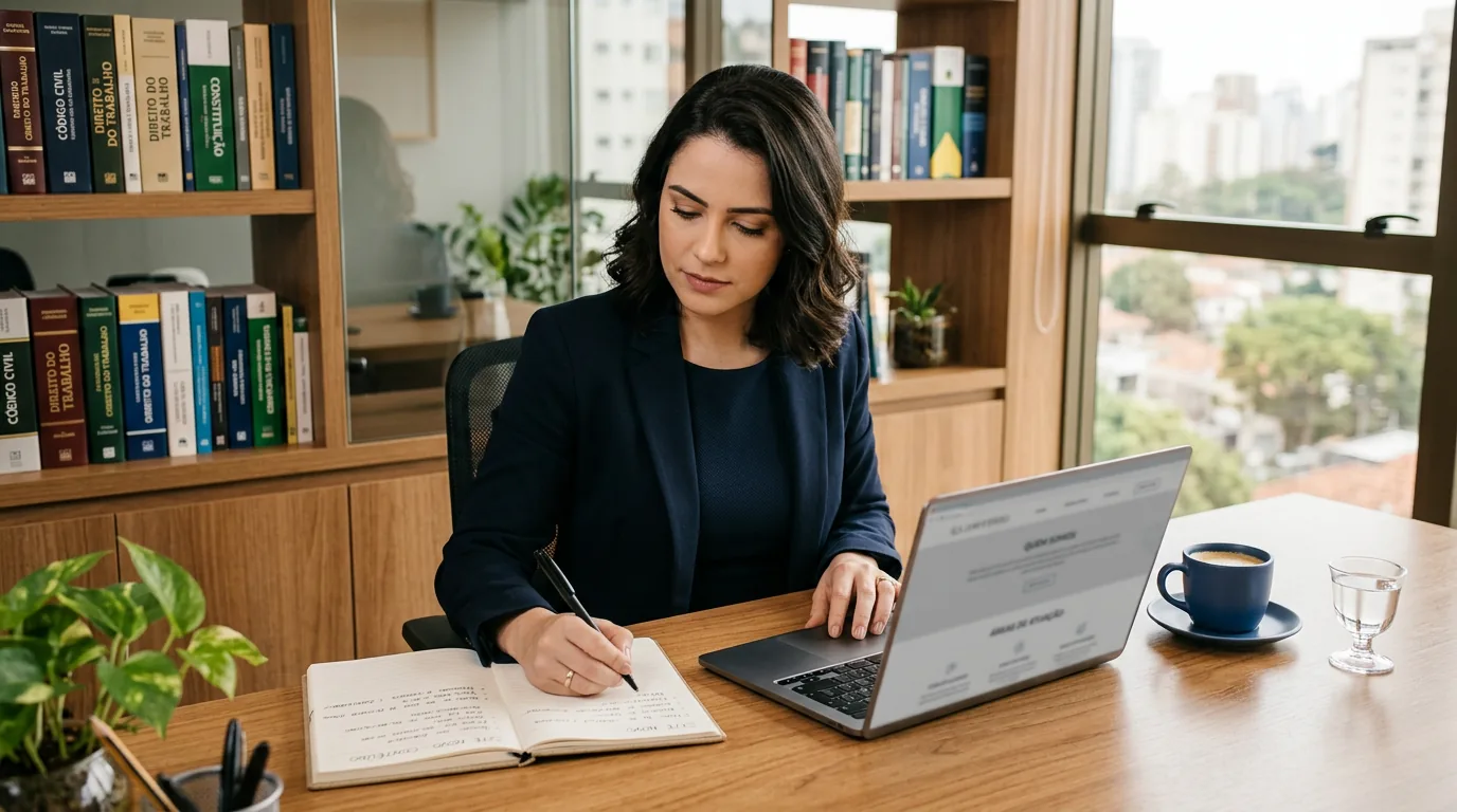 Advogada em escritório moderno planejando o conteúdo da página Quem Somos do seu site jurídico em um notebook.