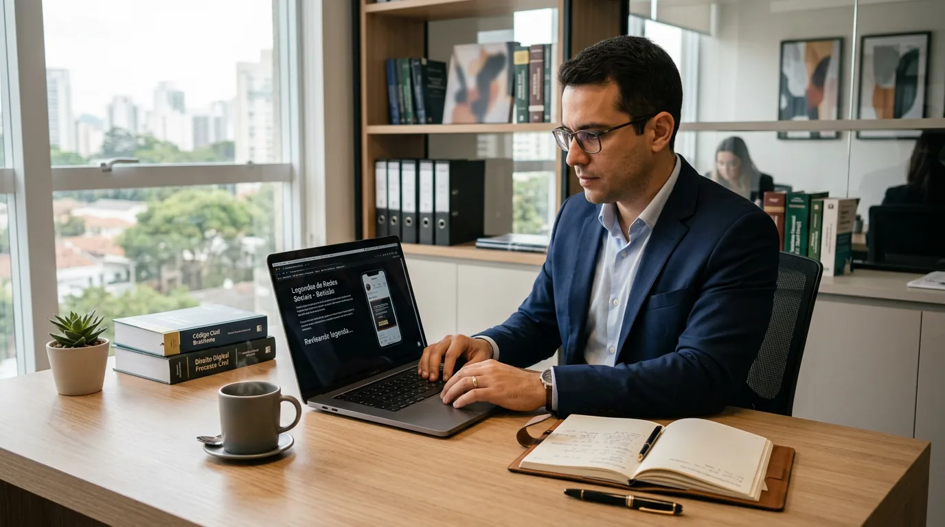Advogado revisando legendas e CTAs para redes sociais em notebook no escritório de advocacia.