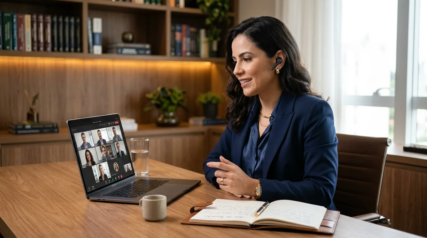 Advogada em escritório contemporâneo conduzindo reunião online em notebook com fones de ouvido para atendimento jurídico virtual.
