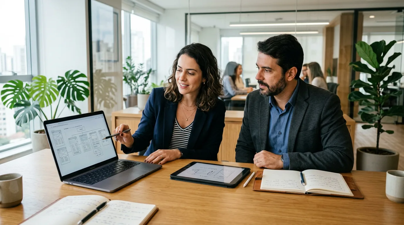 Advogados analisando a arquitetura e páginas de áreas de atuação do site do escritório em um laptop em sala de reuniões moderna.