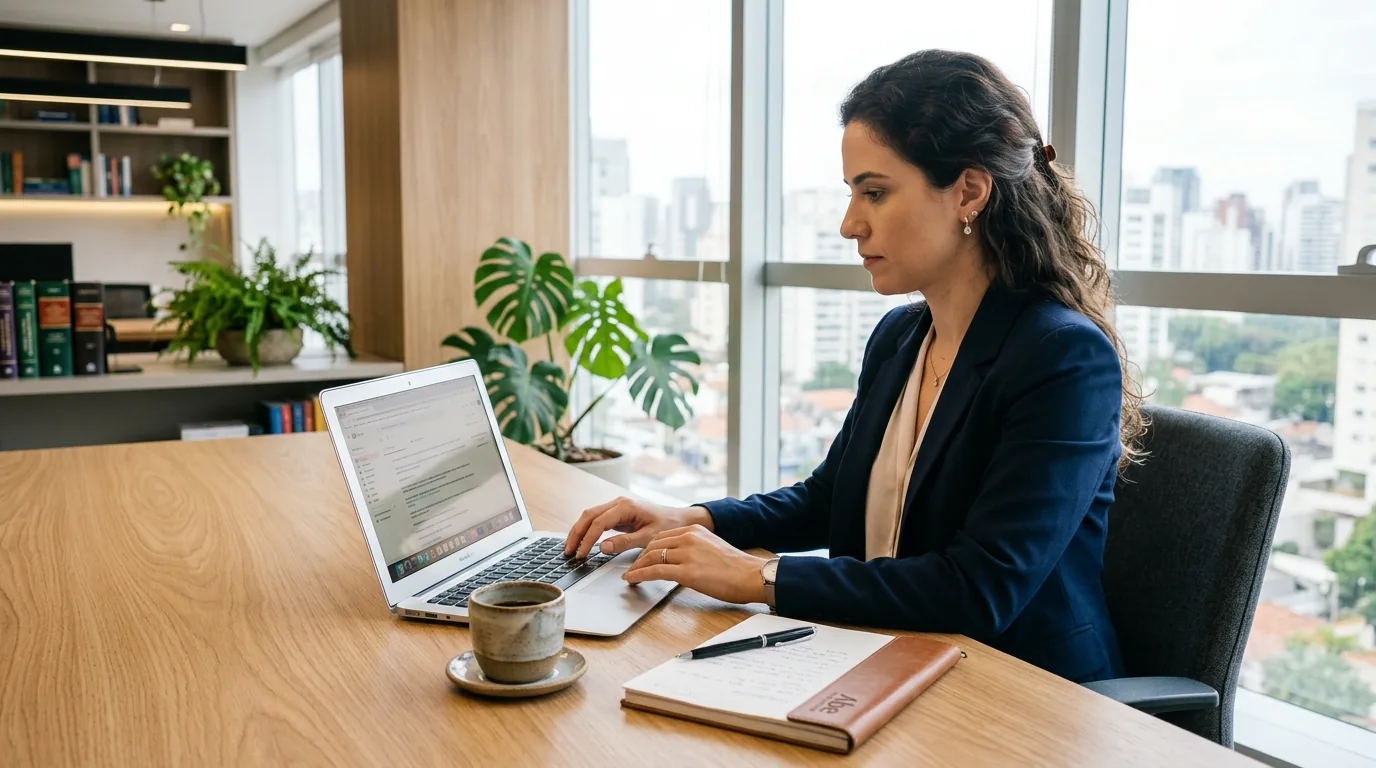 Advogado analisando dúvidas de clientes no notebook em escritório moderno para planejar FAQ no site jurídico.