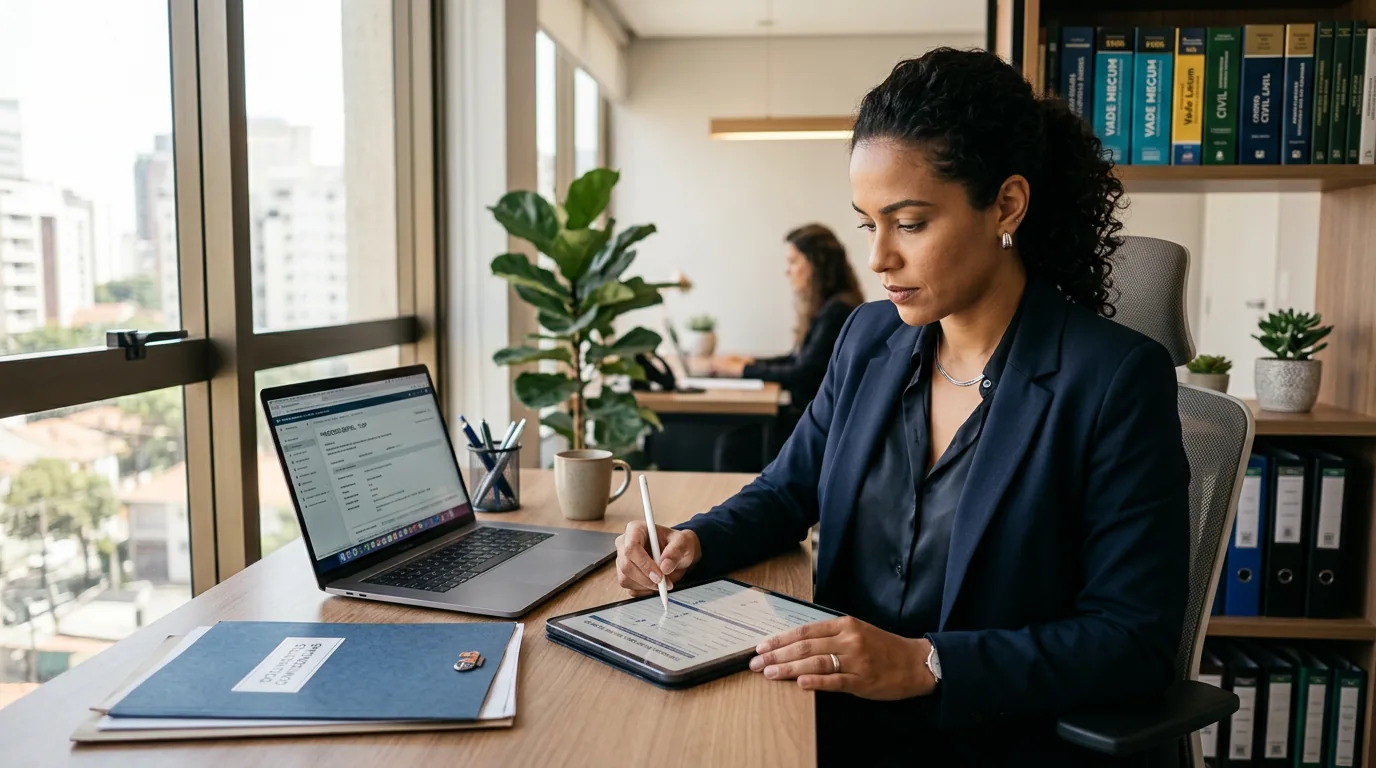 Advogada analisando formulário digital de triagem de clientes em tablet em escritório moderno, ilustrando as normas da OAB para qualificação ética.