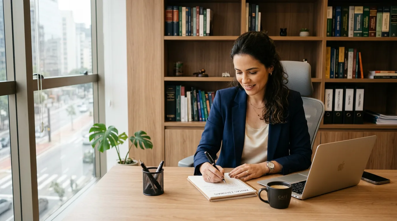 Advogada em escritório contemporâneo planejando a produção de conteúdo jurídico no notebook com auxílio de inteligência artificial.