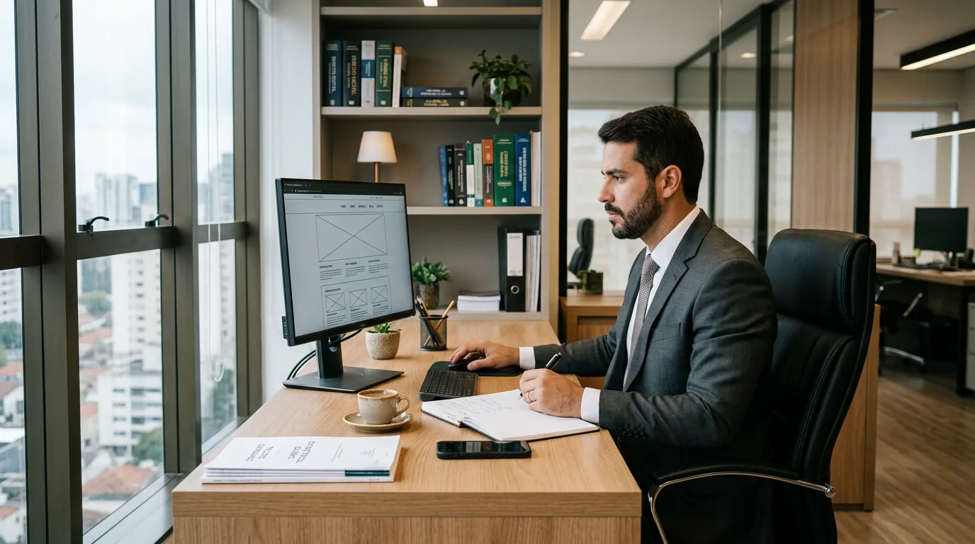 Advogado em escritório moderno analisando o layout de uma landing page jurídica no monitor do computador.