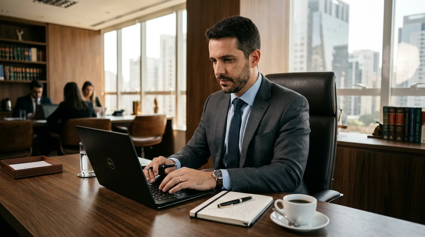 Advogado trabalhando em notebook em escritório corporativo moderno, representando estratégia de LinkedIn para advogados e atração B2B.