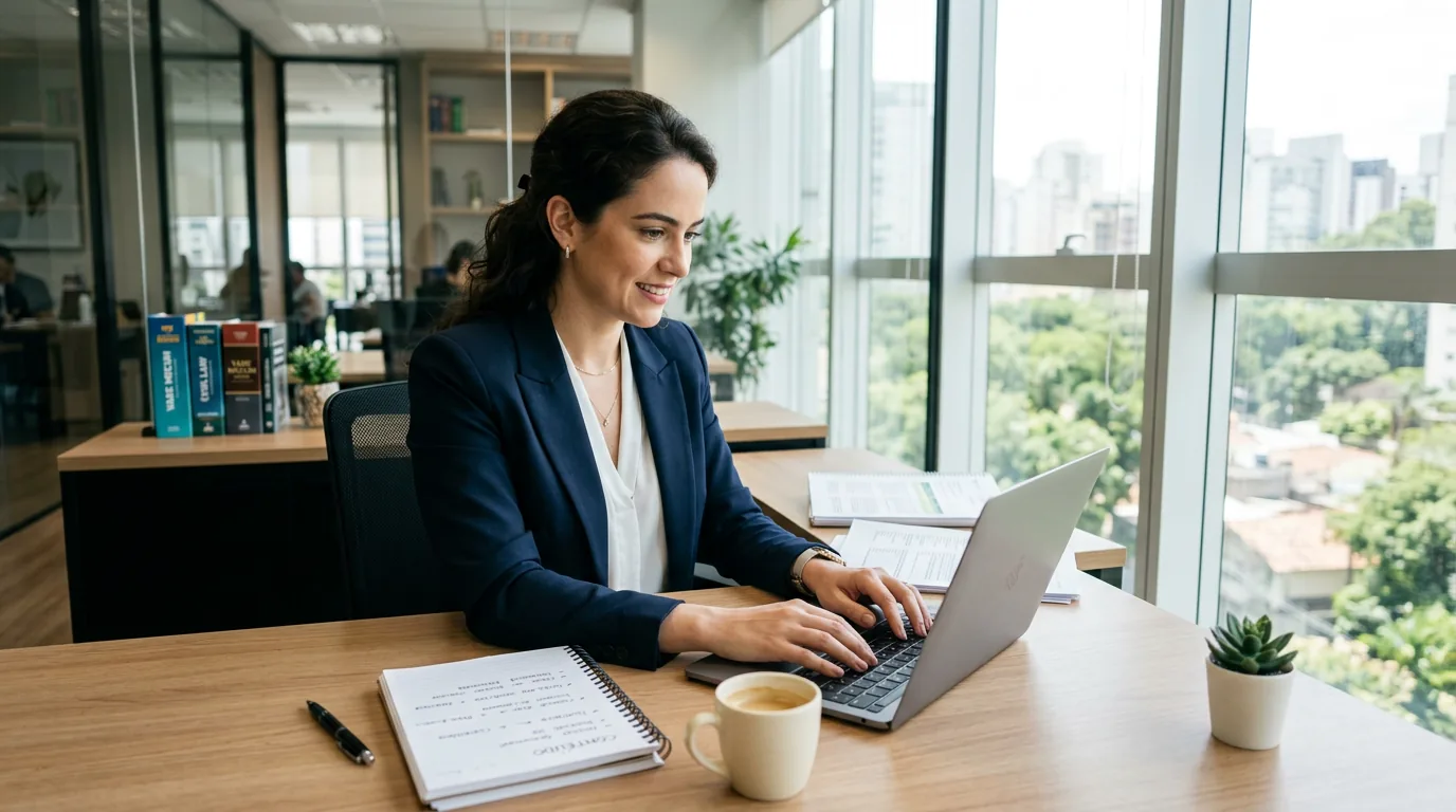 Advogado analisando ideias de conteúdo para escritório de advocacia em notebook moderno
