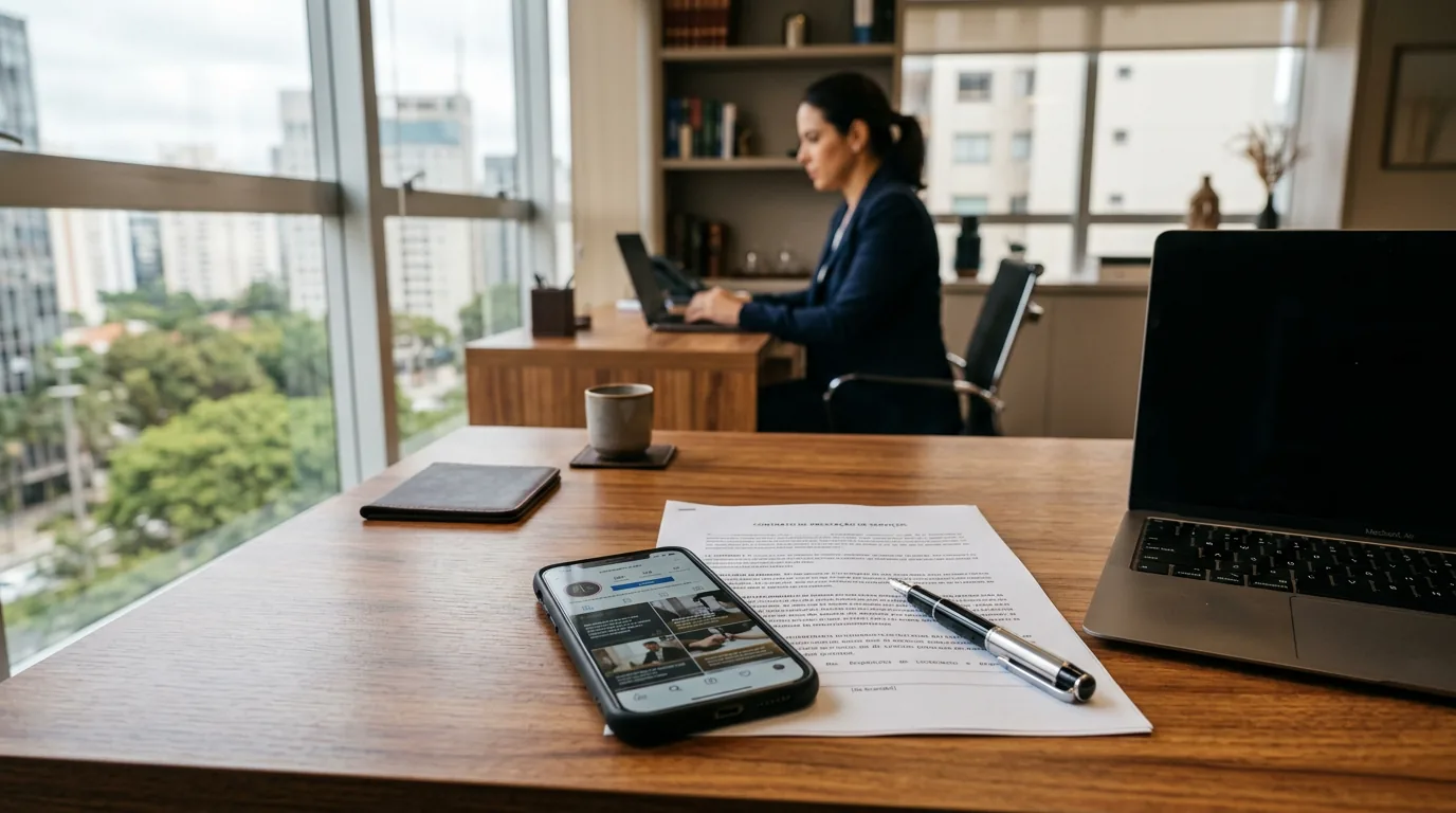 Smartphone exibindo feed do Instagram com posts jurídicos profissionais sobre mesa de escritório de advocacia moderno com contrato e notebook ao fundo