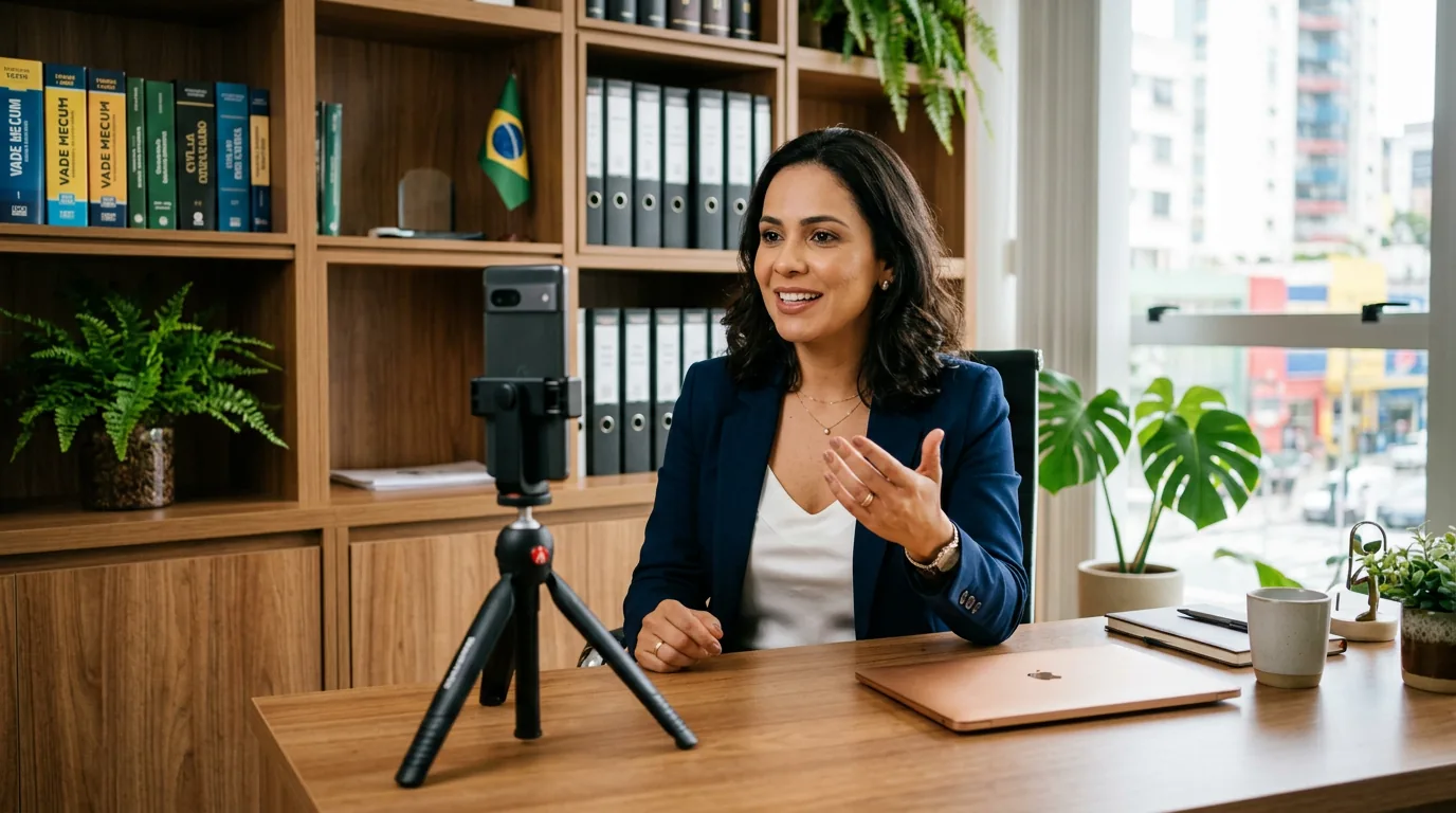 Advogado em escritório moderno gravando conteúdo de Reels com smartphone apoiado em tripé sobre a mesa de trabalho.