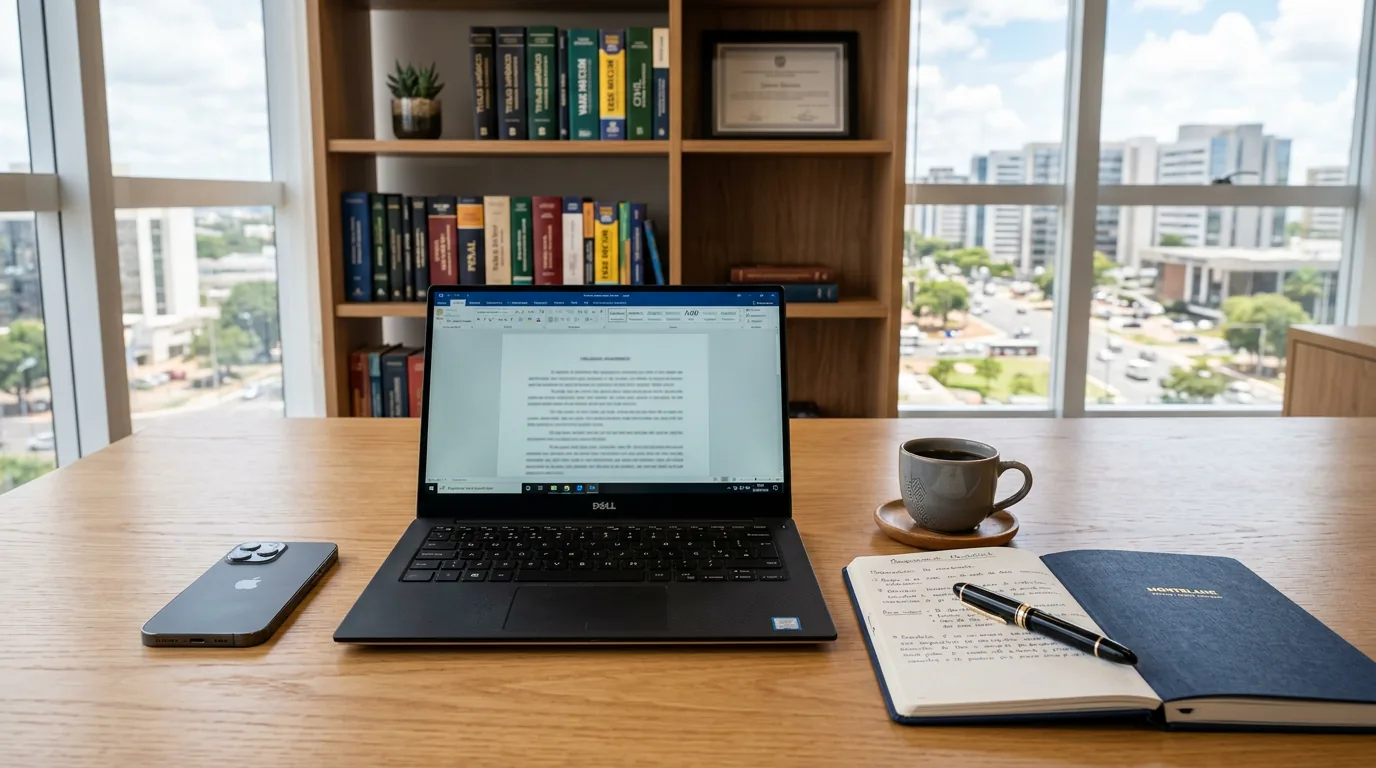 Smartphone e notebook sobre mesa de escritório de advocacia, representando o uso profissional e ético do WhatsApp Business para advogados.