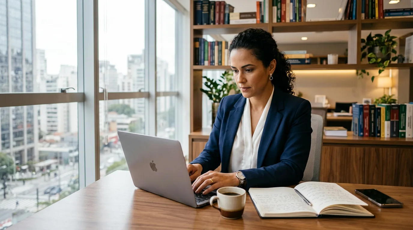 Advogado escrevendo em laptop no escritório moderno enquanto planeja artigos para blog jurídico