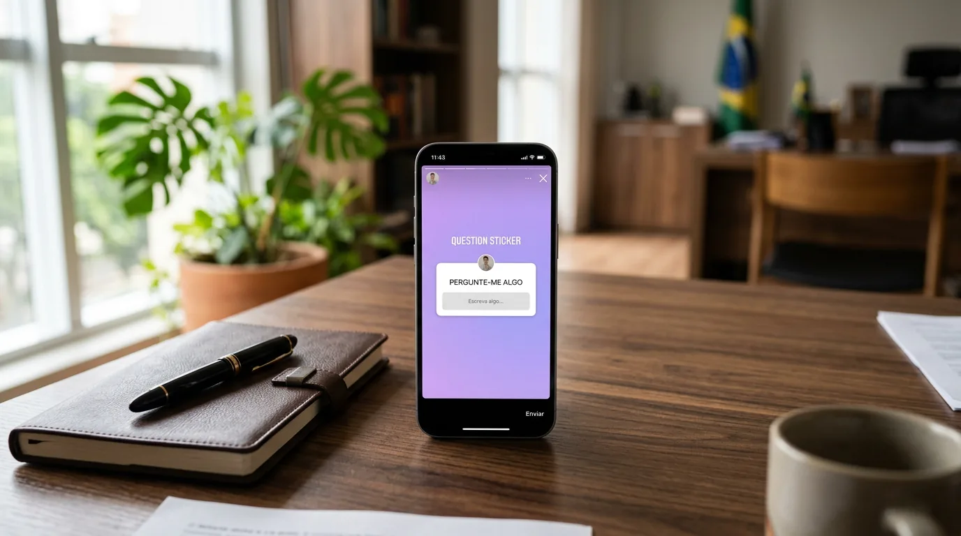 Smartphone sobre mesa de madeira ao lado de caderno de couro e caneta-tinteiro, exibindo caixinha de perguntas do Instagram com fundo roxo em escritório de advocacia.