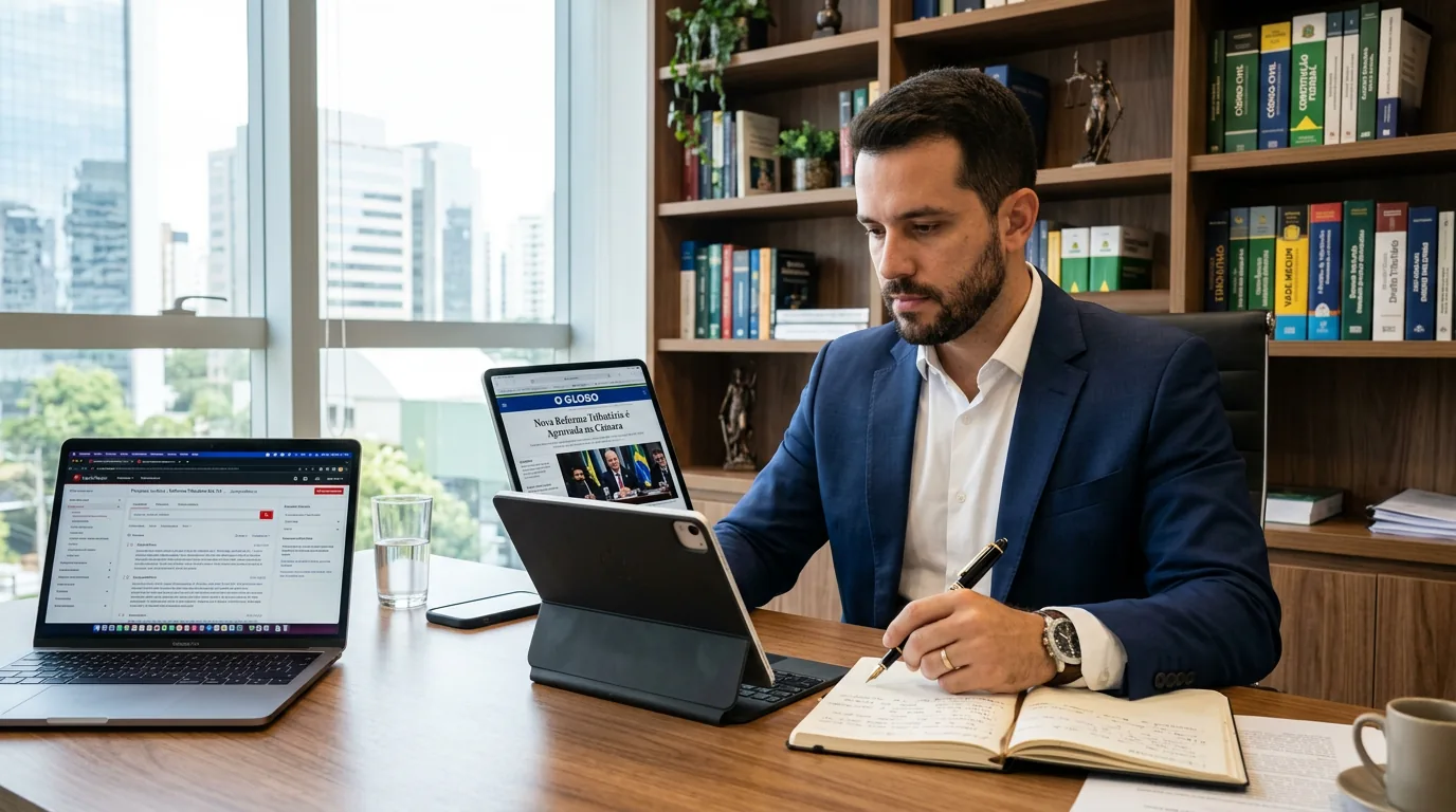 Advogado em escritório moderno analisando notícias recentes no tablet para produzir conteúdo de marketing jurídico ético.