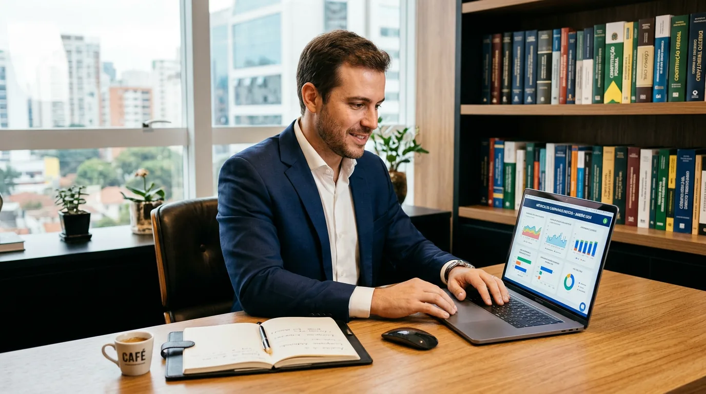 Advogado em escritório moderno analisando métricas de campanhas de remarketing e tráfego pago no laptop.