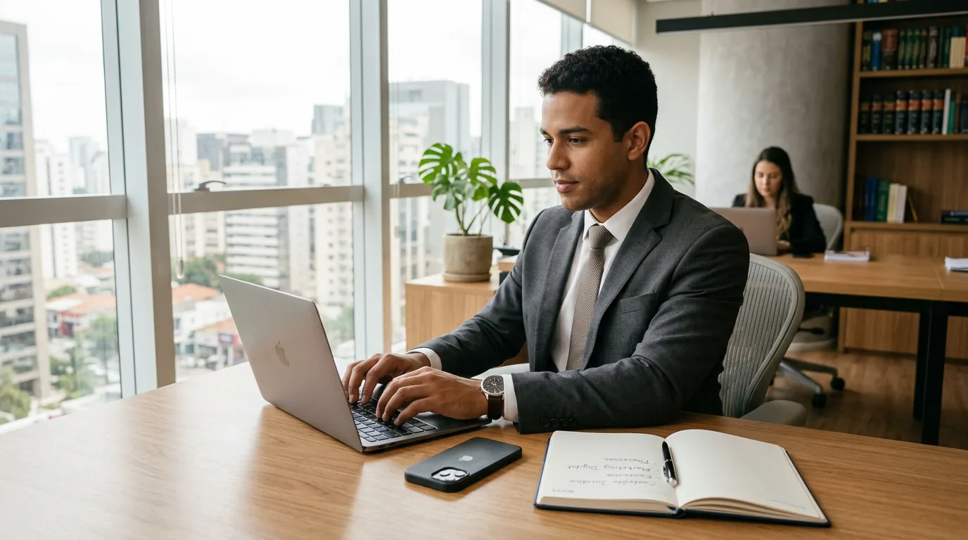 Advogado jovem em escritório moderno planejando estratégia de marketing jurídico para iniciantes no notebook