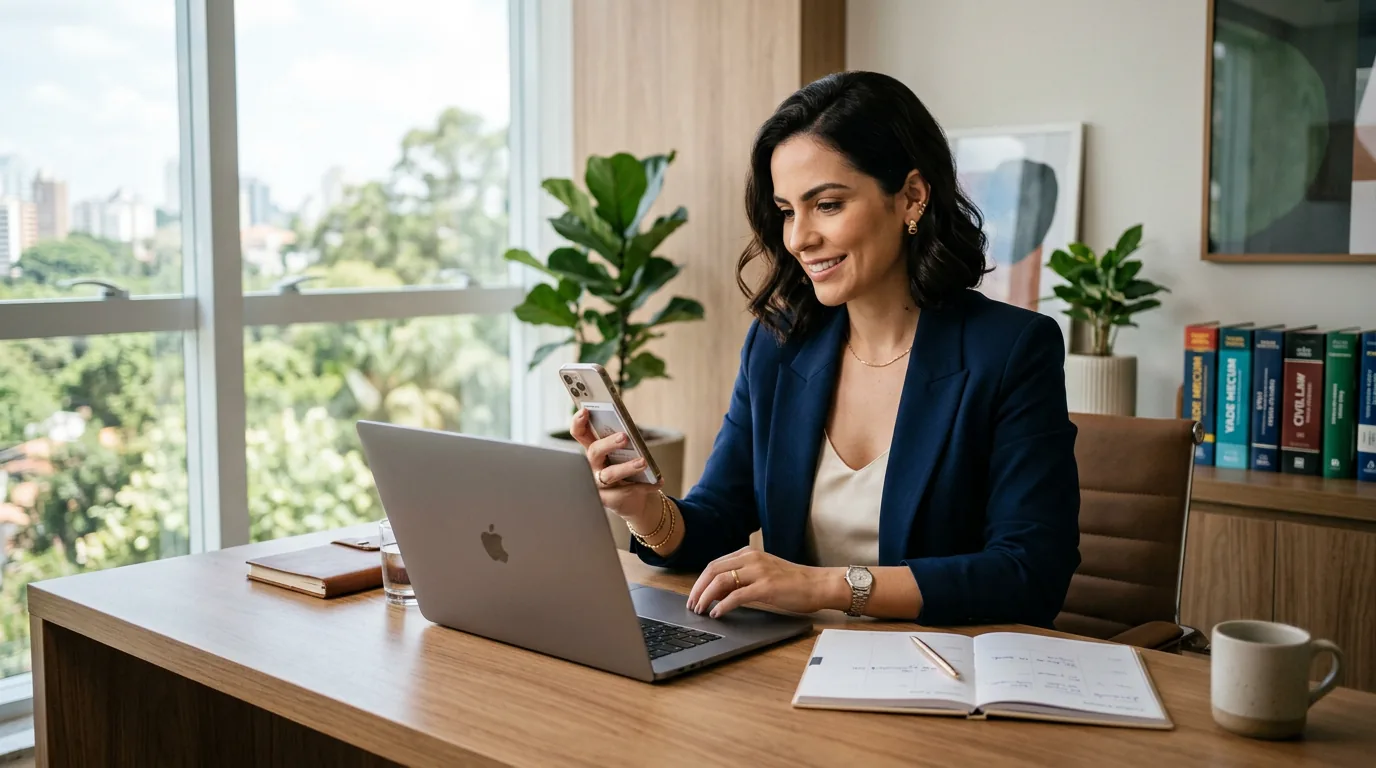 Advogada brasileira em escritório moderno, olhando para o notebook com planejador semanal na mesa e celular na mão mostrando rascunho de post no Instagram.