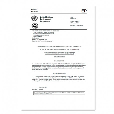 Consideration of The Implementation of The Basel Convention Technical Matters: Preparation of Technical Guidelines