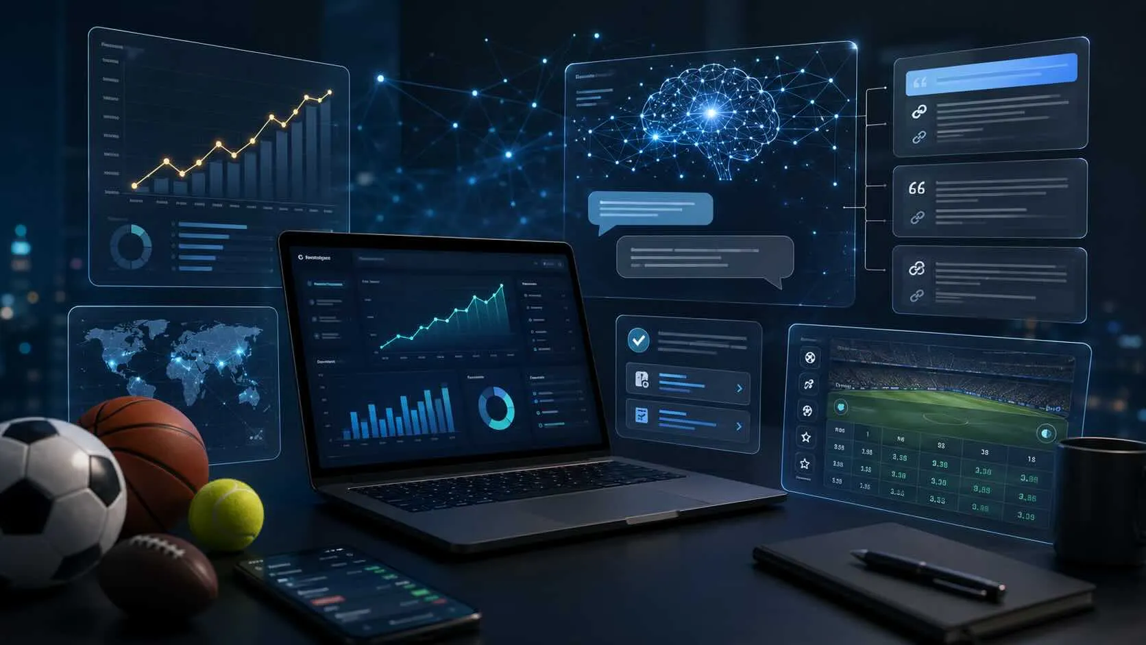 Laptop displaying data analytics with sports equipment and graphs