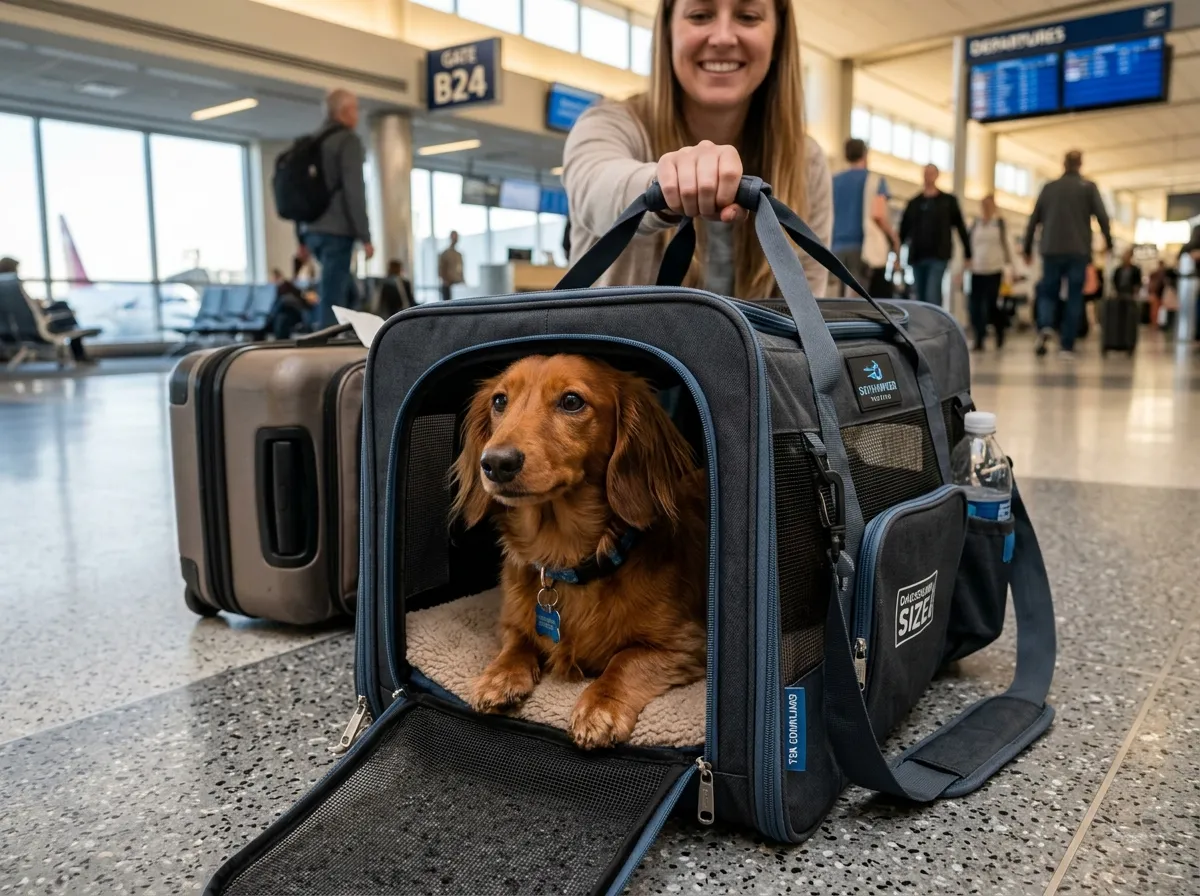 Pet owner carrying dog through TSA security checkpoint, demonstrating compliance with pet travel rules