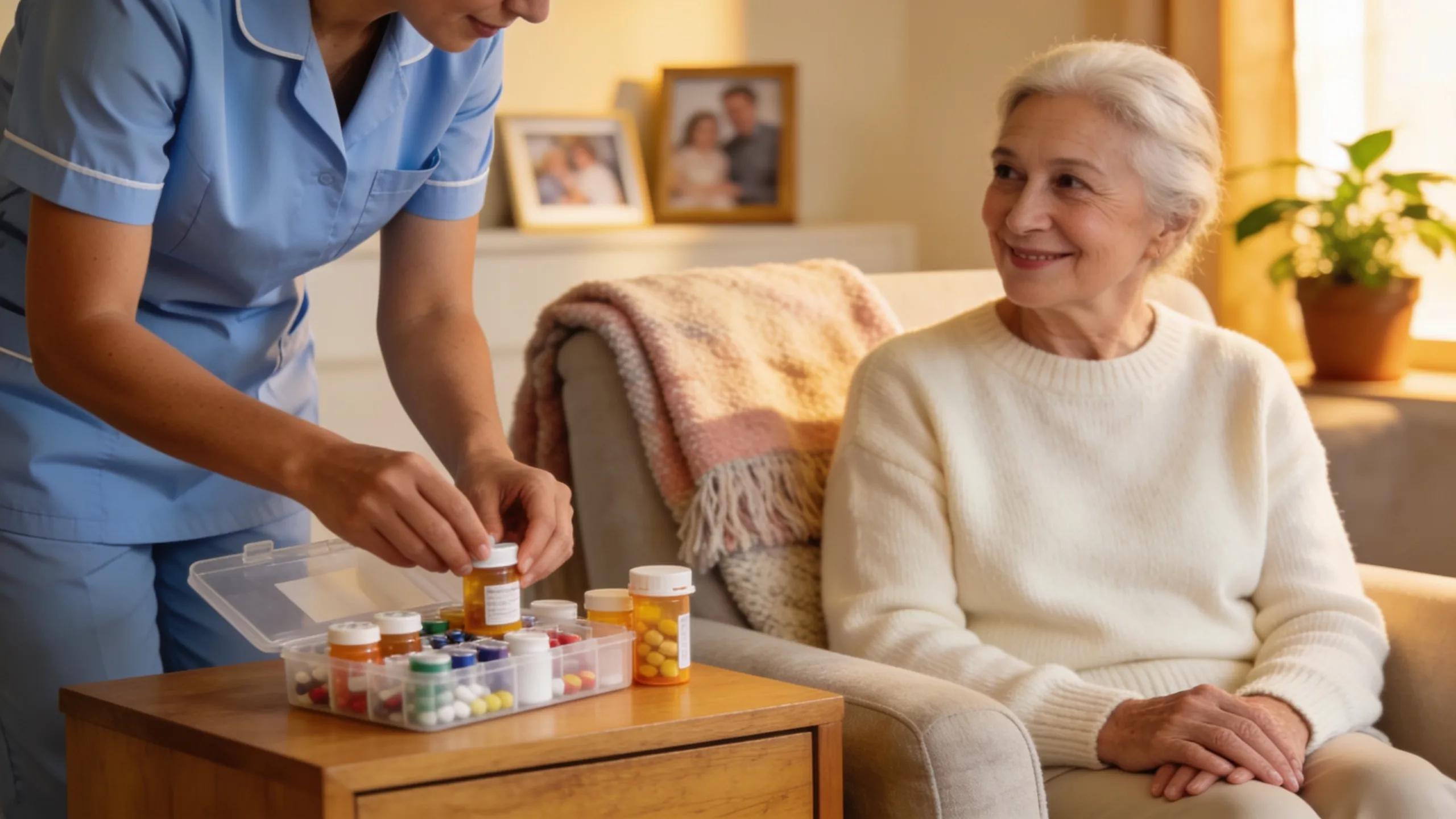 Caregiver supporting a senior woman with medication organization at home, highlighting the benefits of home health care