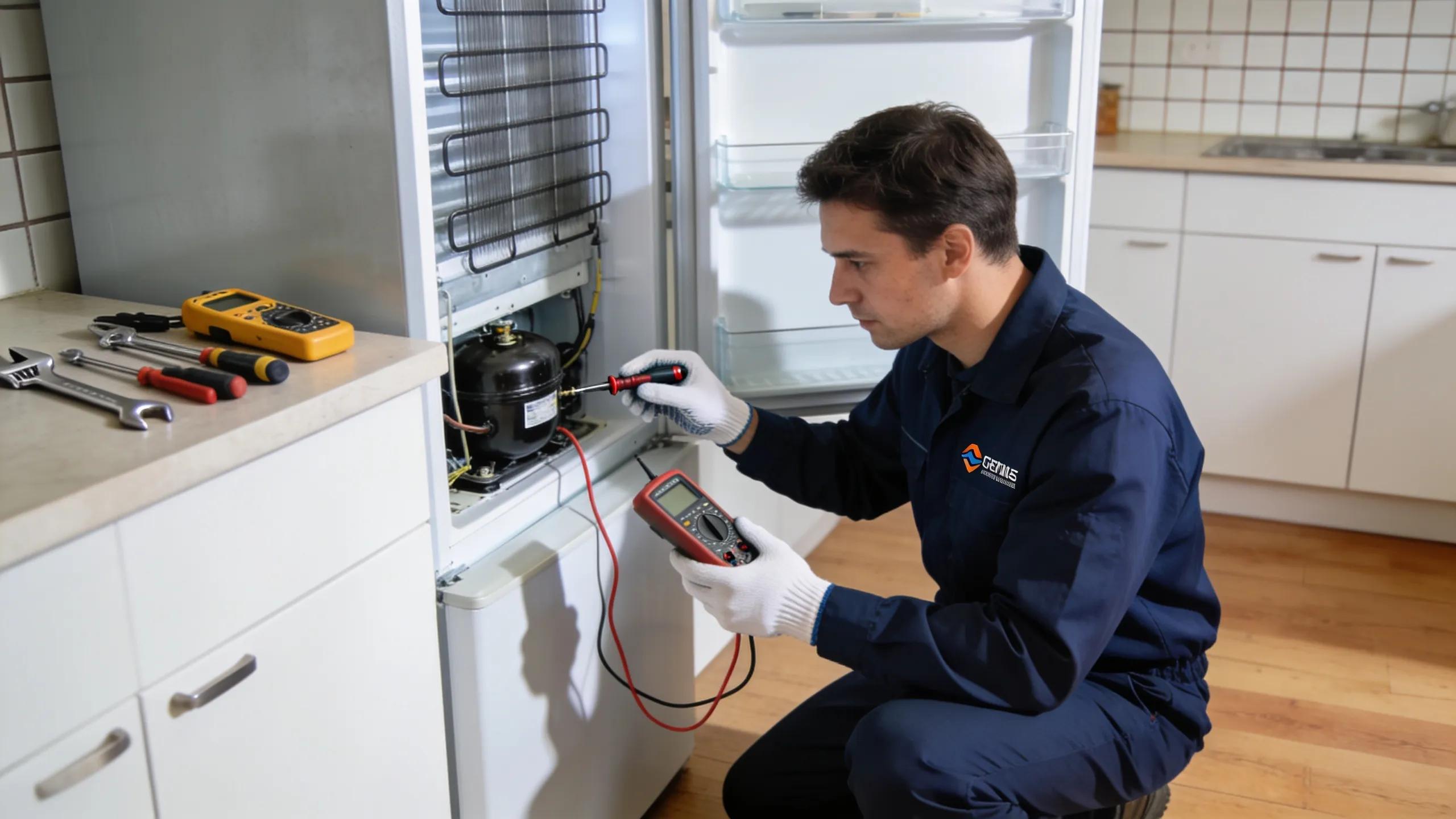 Expert technician skillfully repairing a refrigerator, showcasing professional appliance maintenance services
